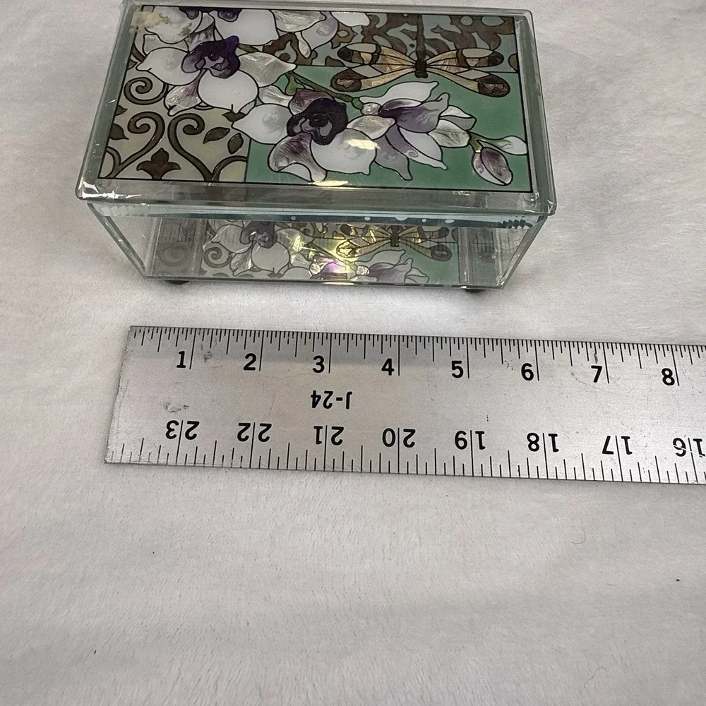 Joan Baker Designs Hand Painted Glass Trinket Box Dragonfly Orchid Floral